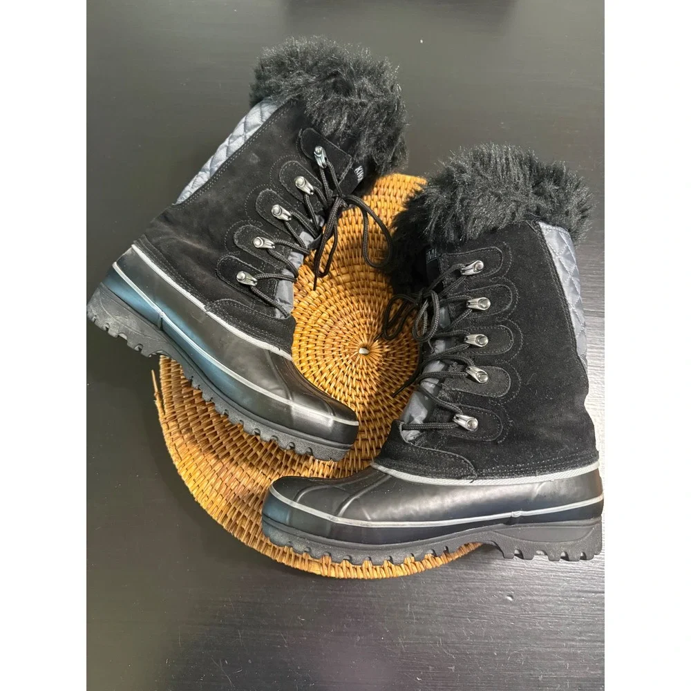Khombu Nordic Women's Black Grey Faux Fur Trim Winter Snow Duck Boots Size 8M